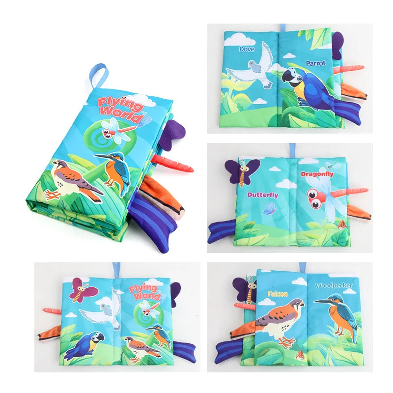 Bird and insect fabric book with parrot, butterfly, and dragonfly pages and colorful fabric tabs.