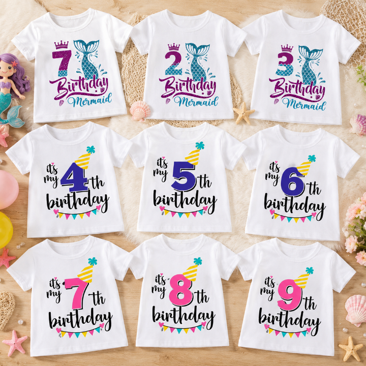 Nine white birthday T-shirts with mermaid and party-hat number designs