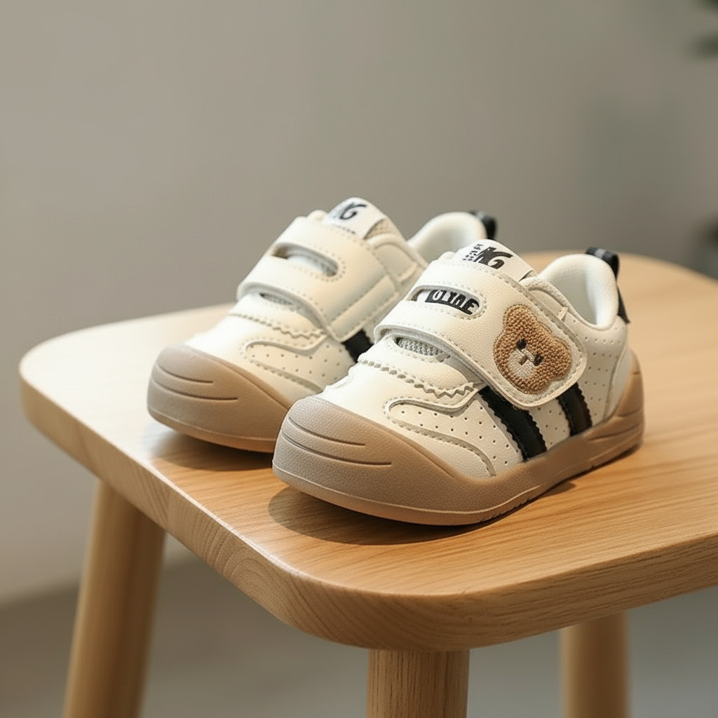 Black-accent bear sneakers with tan soles on a wooden surface
