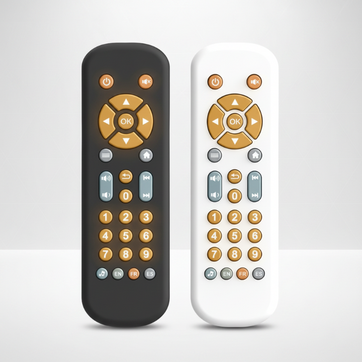 Front view of black and white toy remotes standing side by side