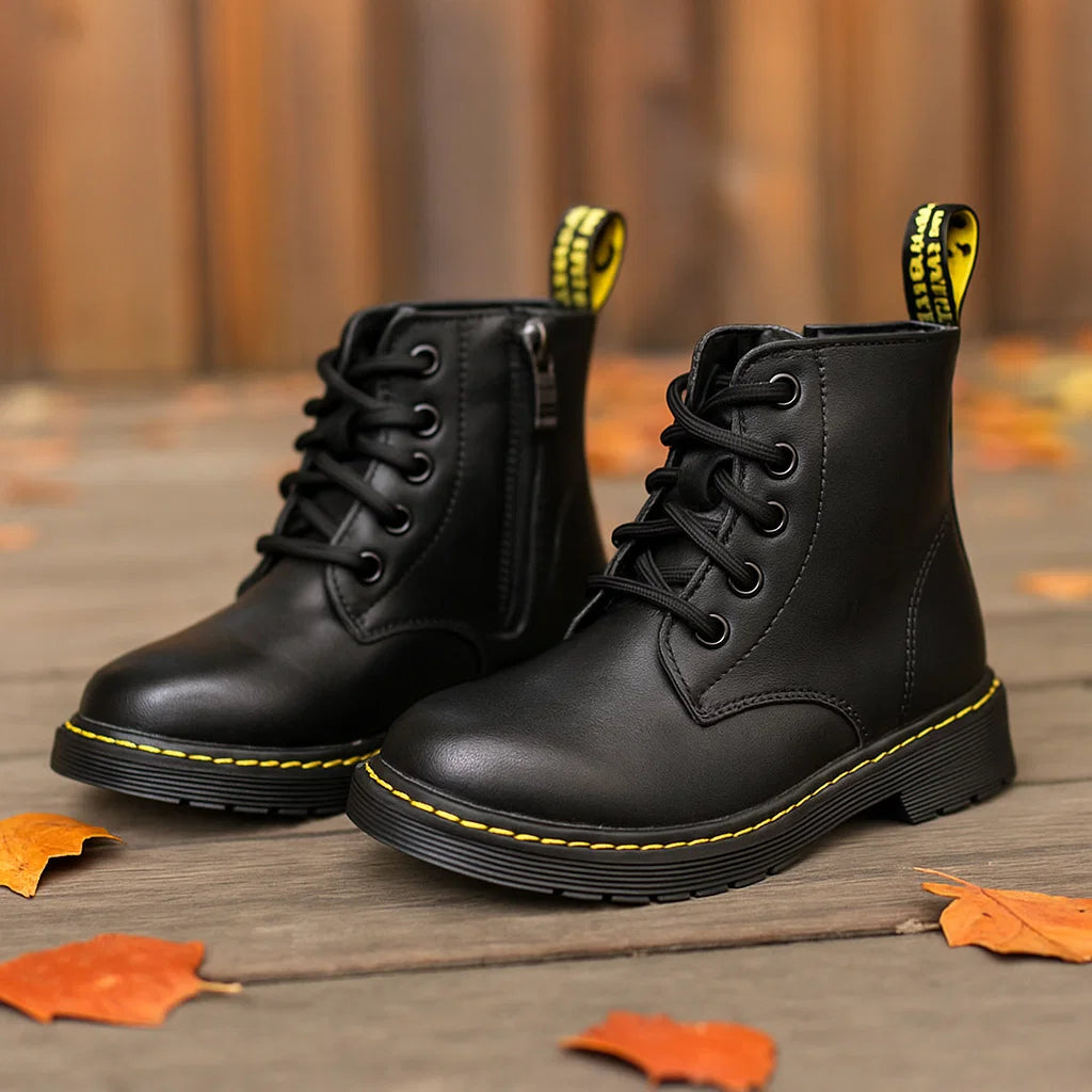 Black ankle combat boots with side zippers and yellow stitching on a wooden surface