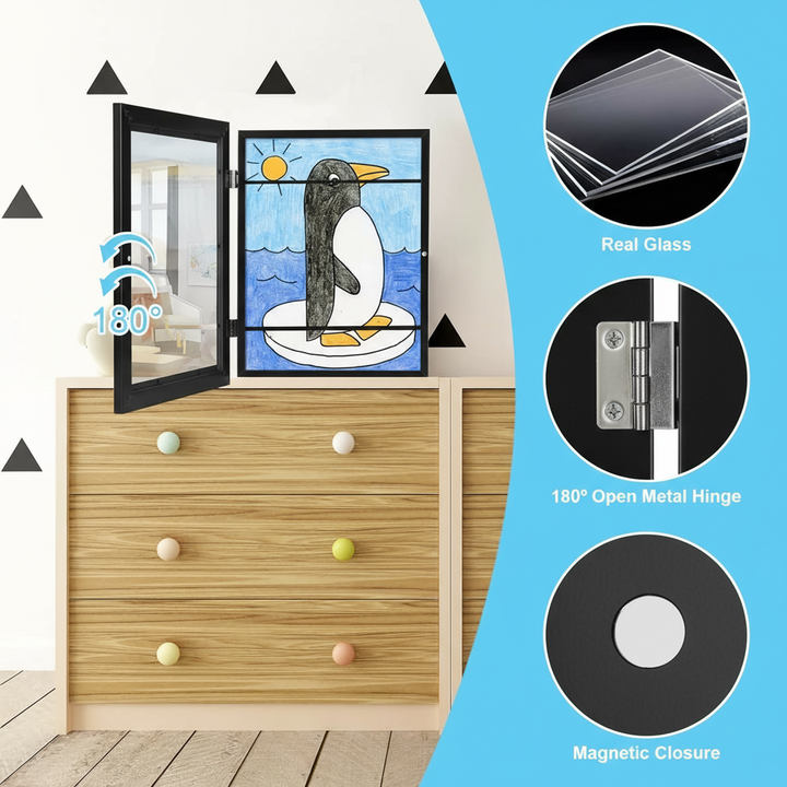 Black front-opening art frame with glass, metal hinge, and magnetic closure details