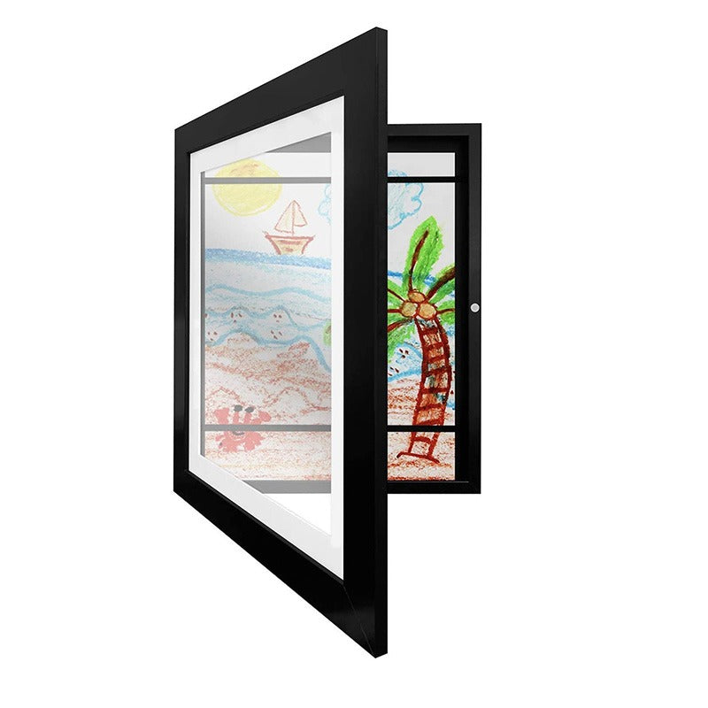 Black art frame with its hinged front open and children&