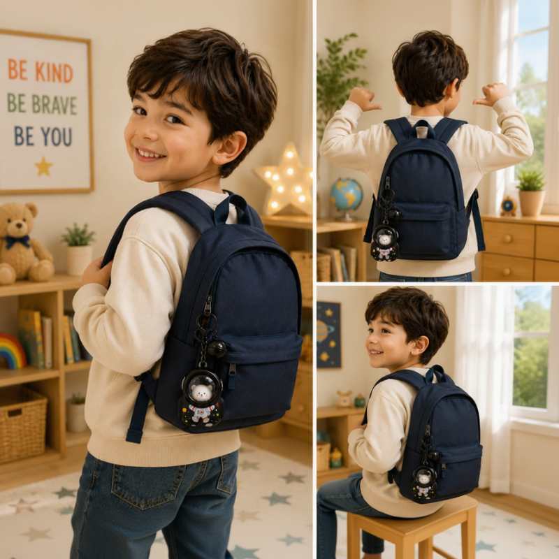 Boy wearing a navy backpack with a black astronaut bag charm, shown from several angles