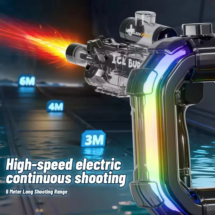 Black automatic water gun with a gradient reservoir and a graphic illustrating spray range.