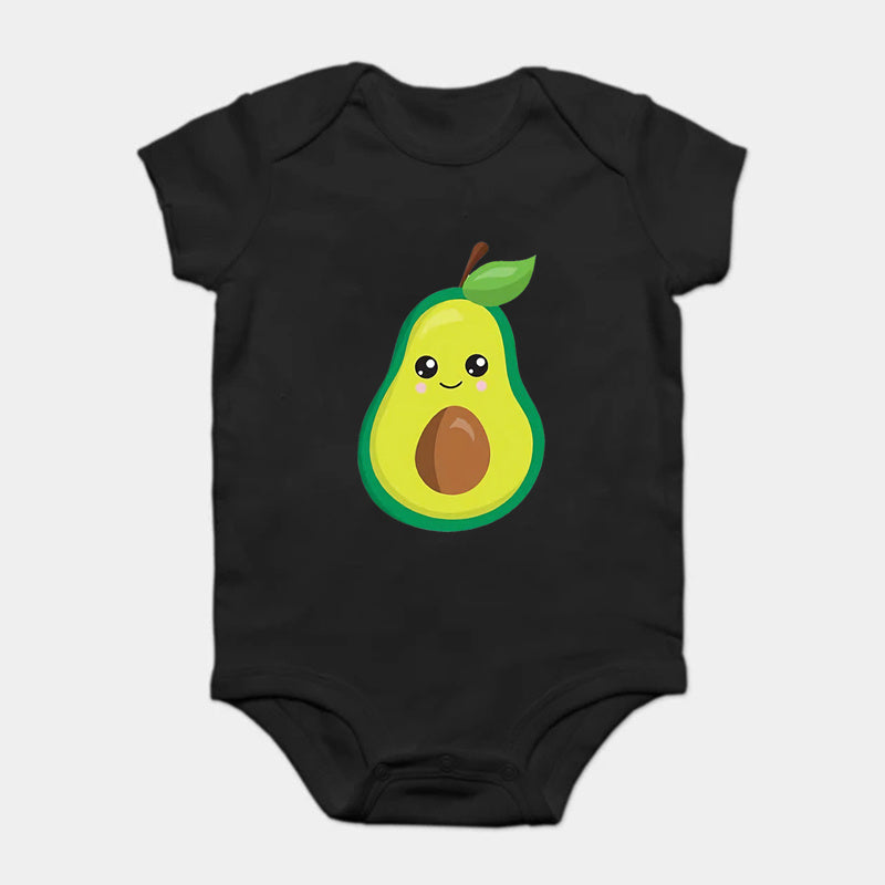 Black baby bodysuit with short sleeves and an avocado character with a brown pit
