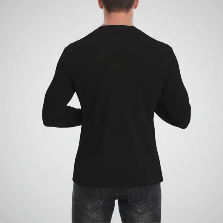 Rear view of a man wearing the black long-sleeve baby carrier shirt.