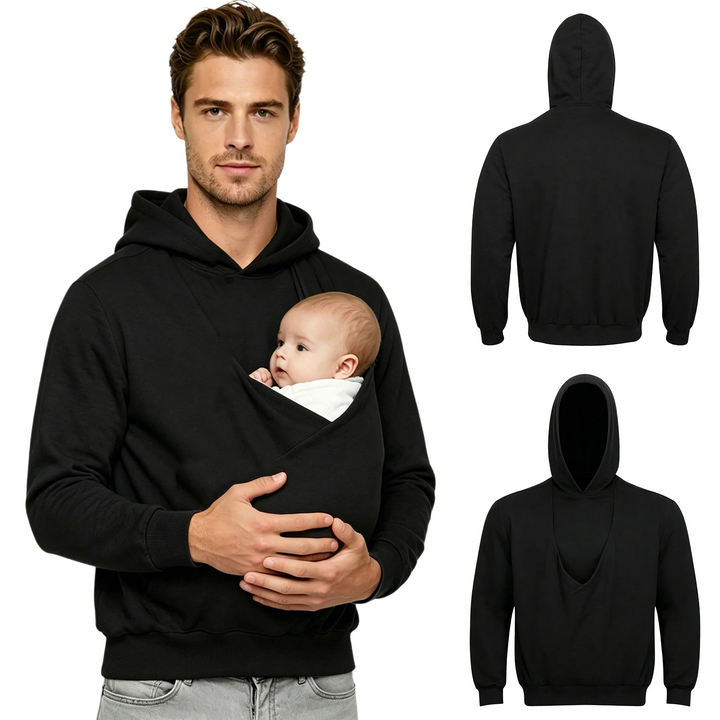 Black baby-pouch hoodie modeled with a baby, alongside front and back garment views