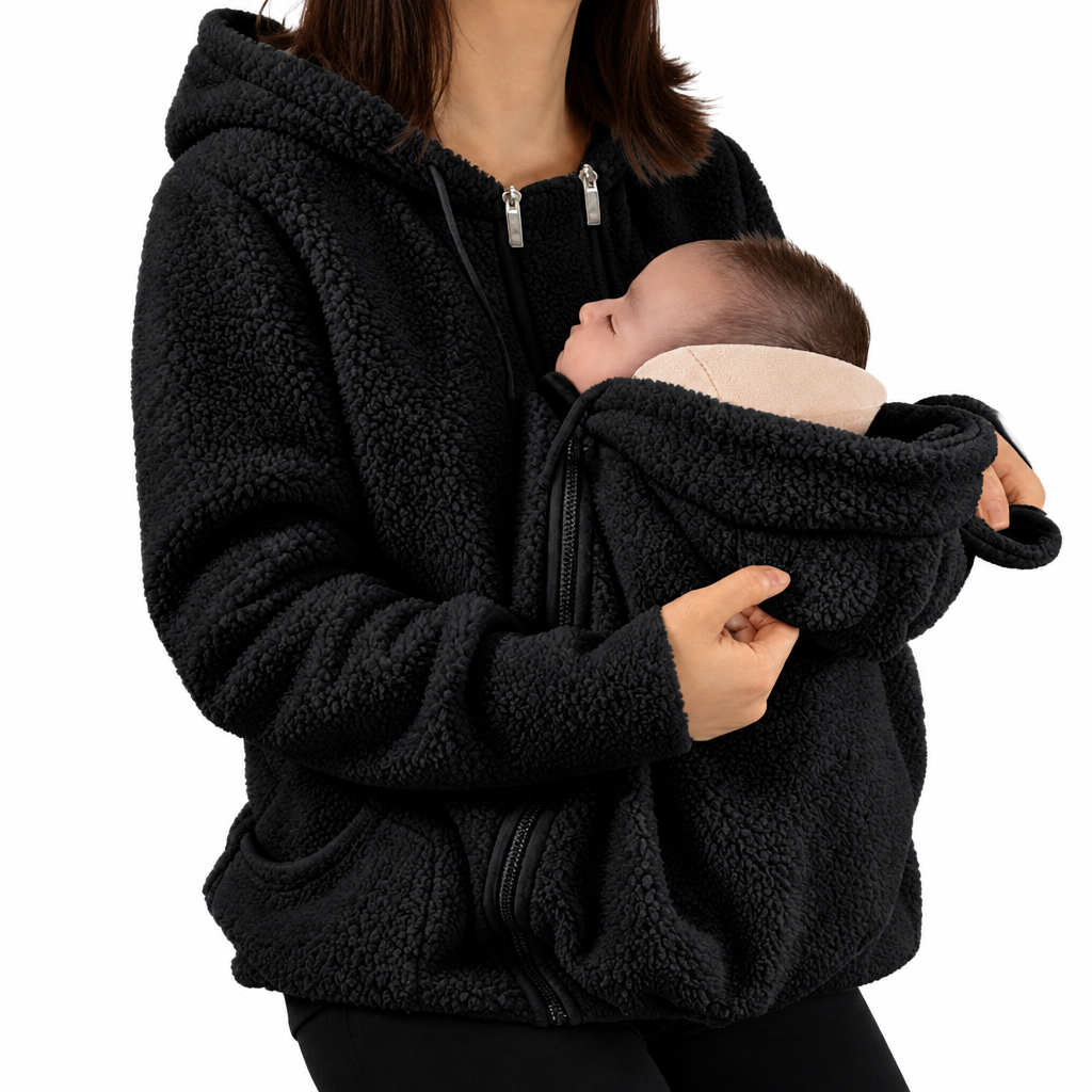 Black babywearing jacket modeled with a baby in the integrated front section