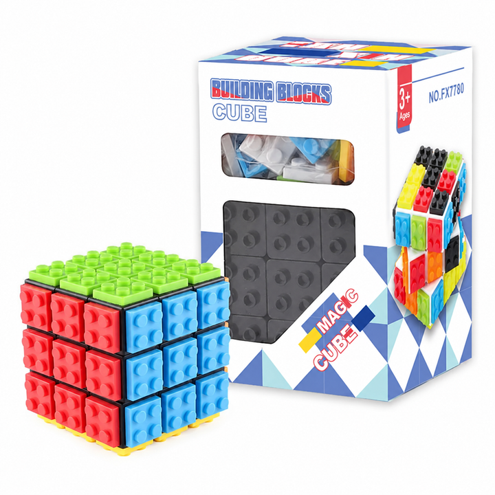 Studded multicolor cube puzzle with a black base beside its box