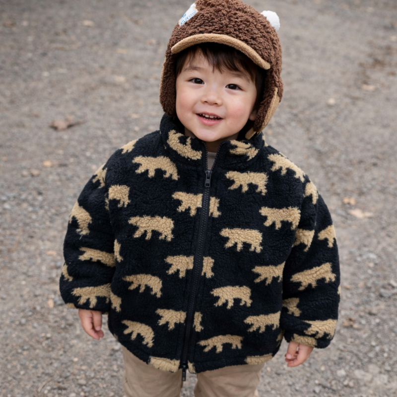 Child wearing a black bear-print zip-up fleece jacket outdoors