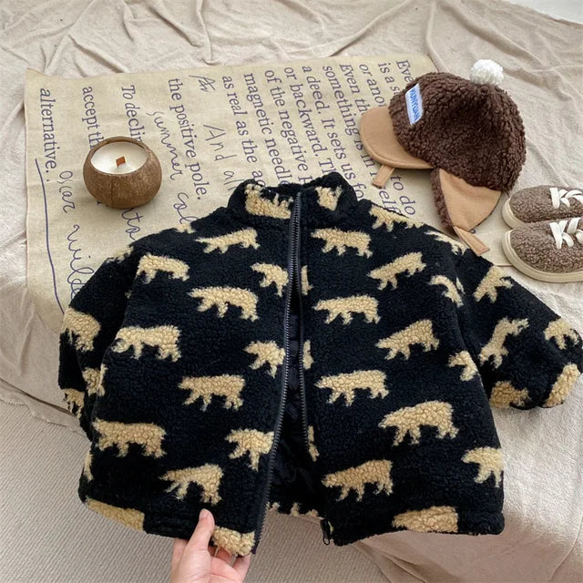 Black bear-print fleece jacket laid flat, showing the sleeves and front zipper