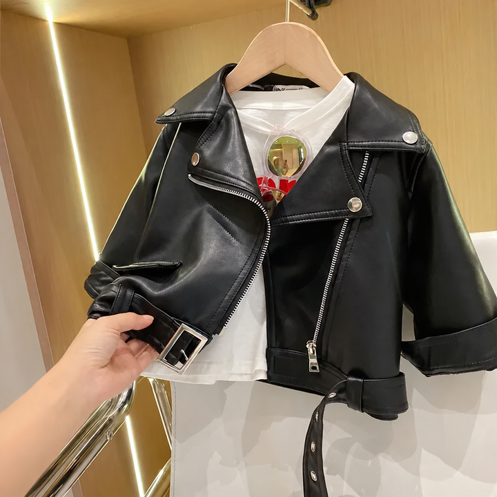 Black biker jacket with an asymmetric zipper and adjustable waist buckle