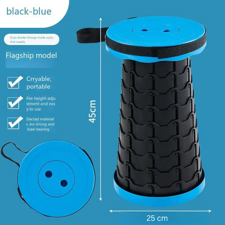 Black-and-blue stool shown open and folded with 45 cm height and 25 cm width labels