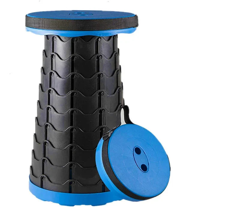 Black telescoping folding stool with blue seat and base, shown extended and collapsed