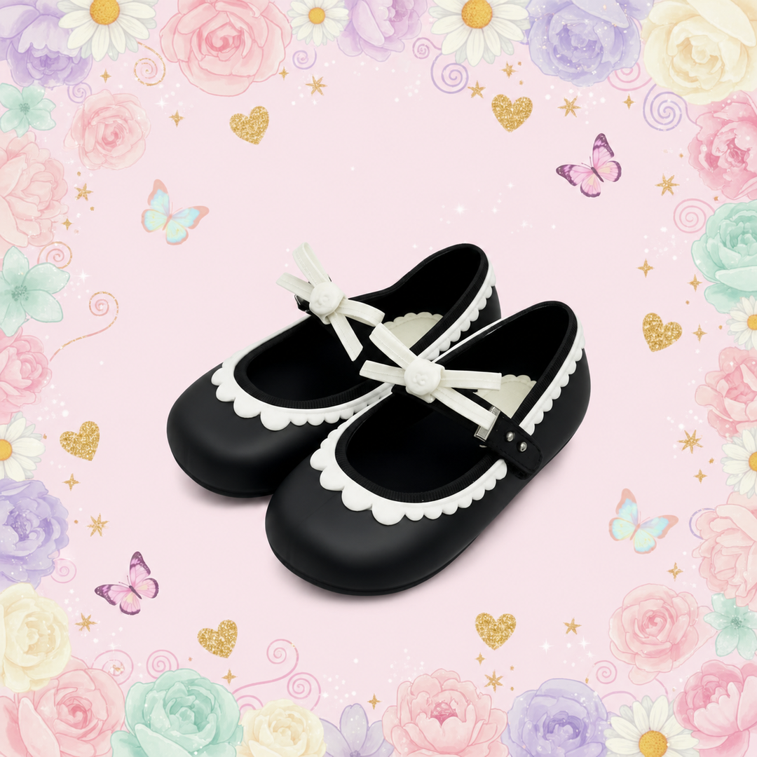 Black Mary Jane shoes with white bows and scalloped trim on a floral background