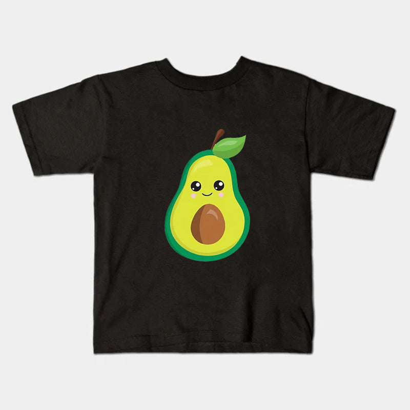 Black short-sleeve T-shirt with a green avocado character and brown pit
