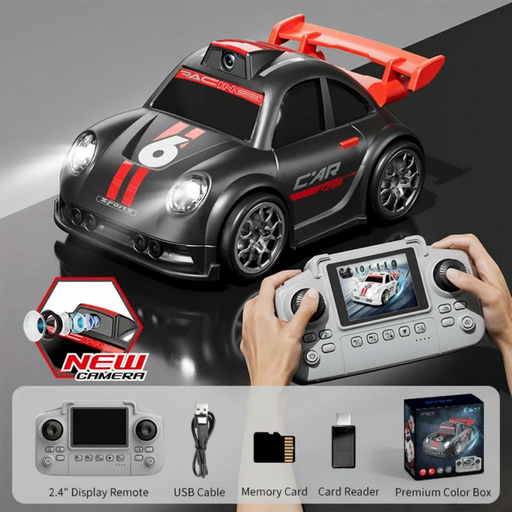 Black camera RC car with screen remote, USB cable, memory card, card reader, and box