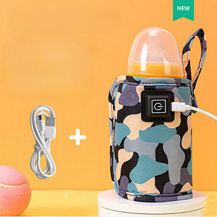 Black camouflage bottle warmer holding a capped bottle beside a USB cable.