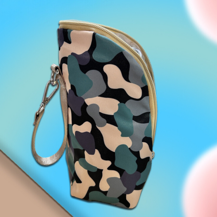 Black camouflage zippered bottle-warmer pouch with beige trim and wrist strap.