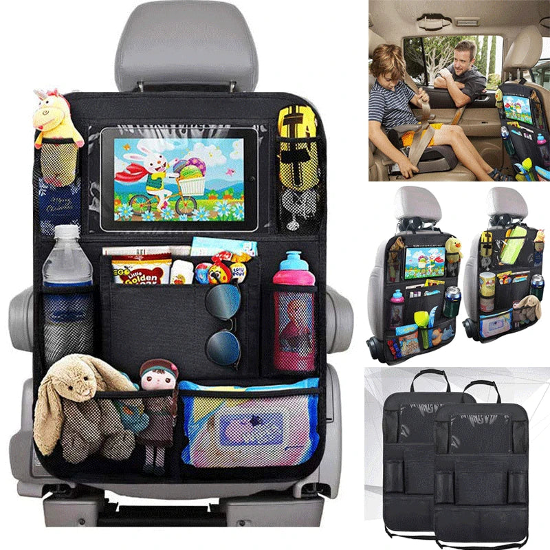Black car seat organizer holding a tablet, drinks, toys, and snacks, with front and back views