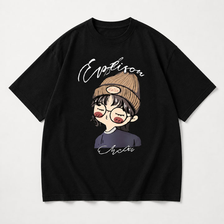 Black short-sleeve T-shirt with a large cartoon girl graphic