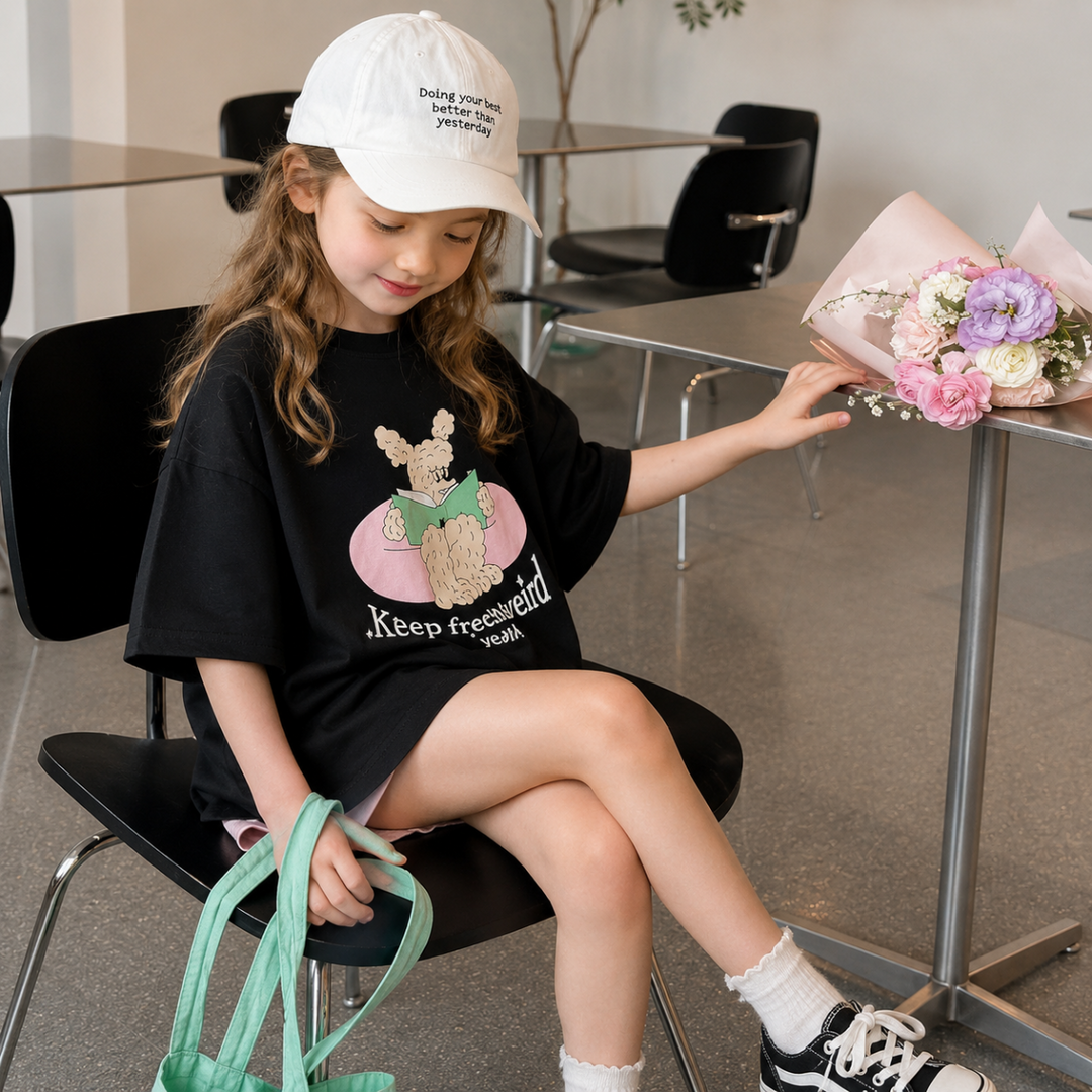 Girl seated in a black oversized cartoon-print T-shirt beside a table with flowers