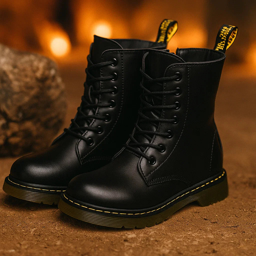 Pair of black lace-up combat boots with yellow stitching in front of a fire