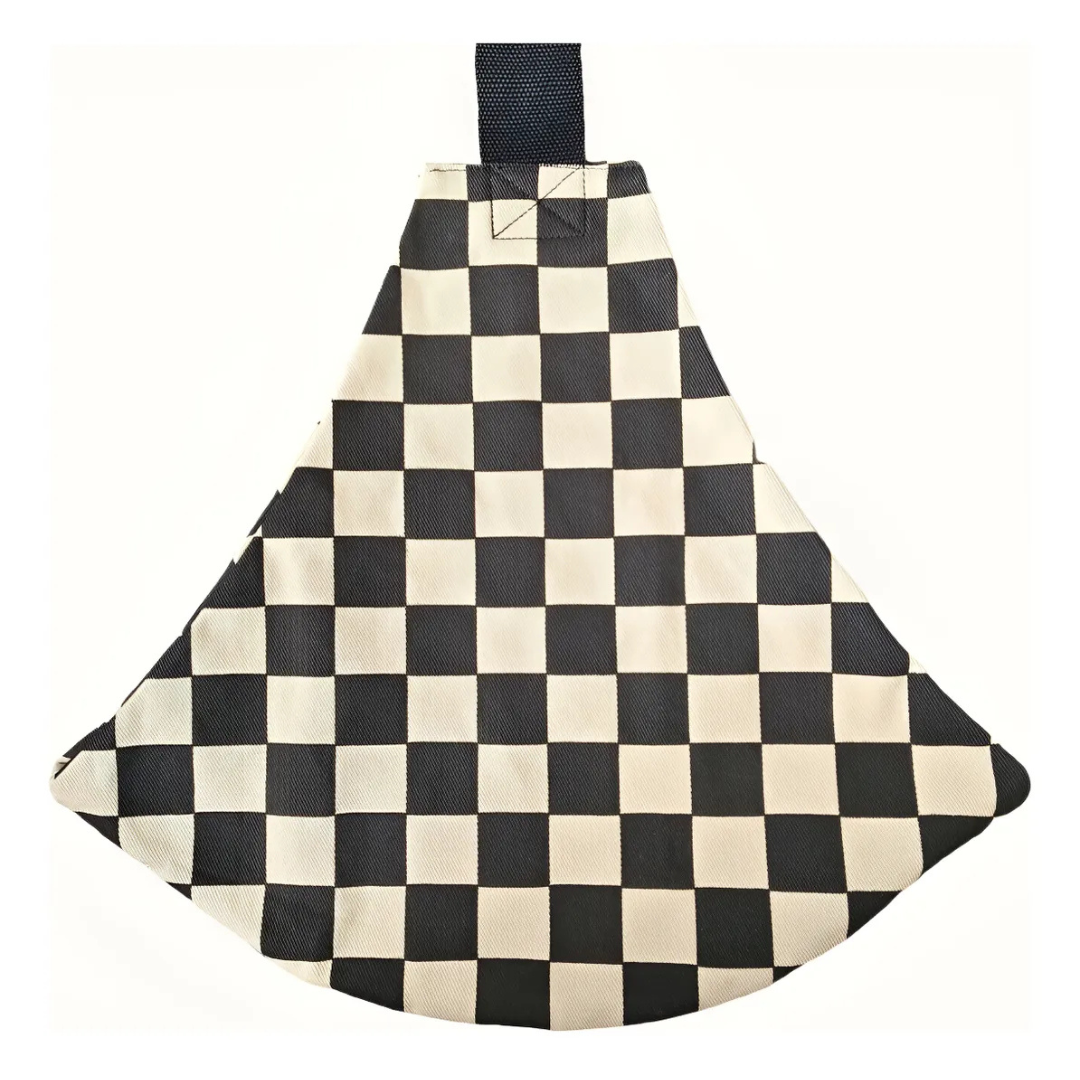 Black-and-cream checkerboard hip carrier with a wide fabric seat