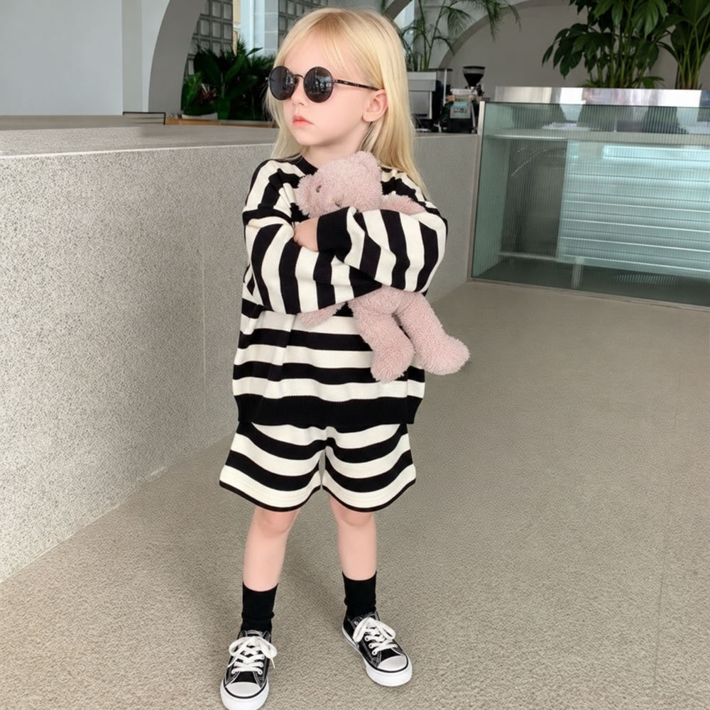Child wearing a black-and-cream striped long-sleeve top and matching shorts