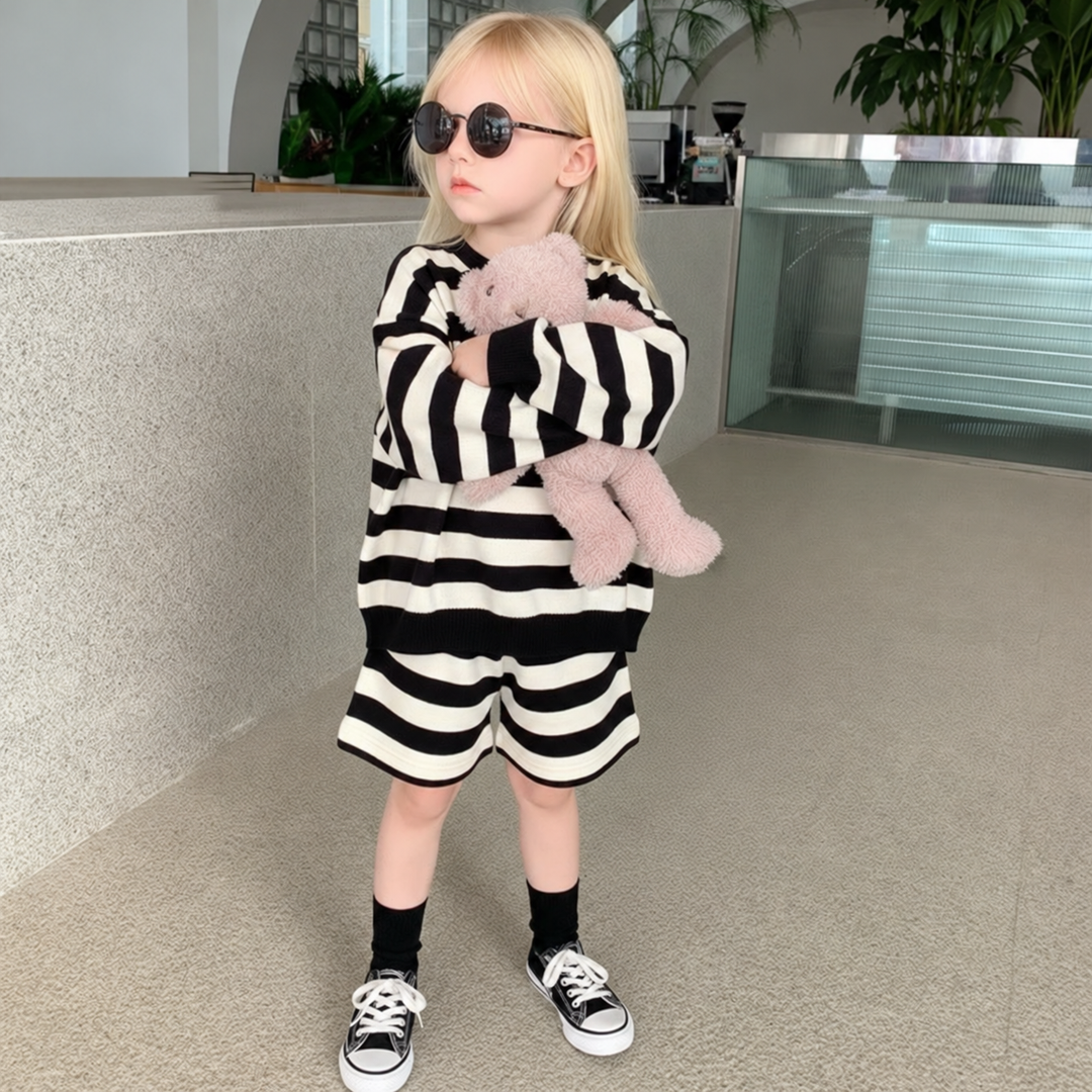 Child wearing a black-and-cream striped long-sleeve top and matching shorts