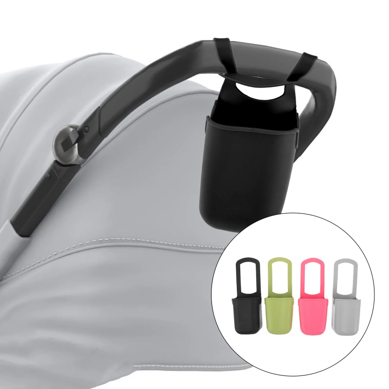 Black silicone cup holder hanging from a stroller handle, with four color options shown.