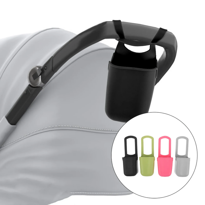Black silicone cup holder hanging from a stroller handle, with four color options shown.