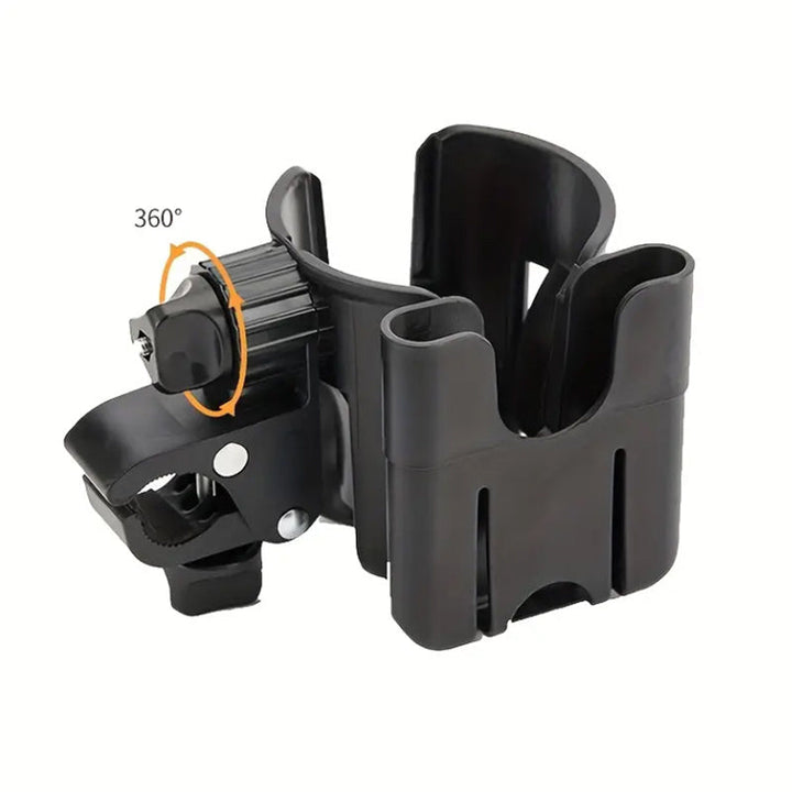 Black cup and phone holder showing the rotating clamp attachment.