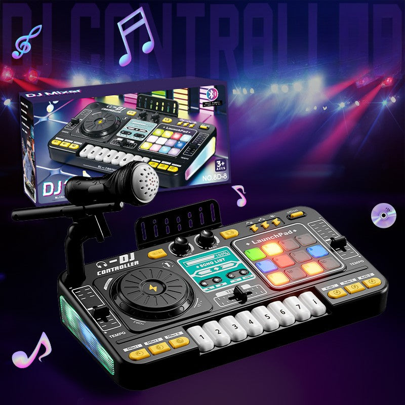 Black DJ mixer toy with microphone and product box against a musical backdrop