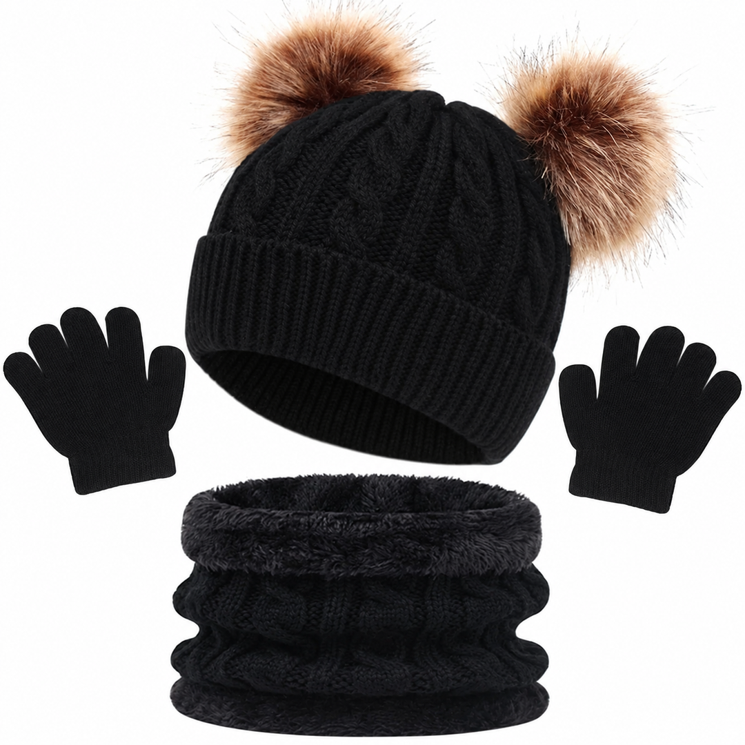 Black cable-knit winter set with a double-pom-pom hat, loop scarf, and gloves