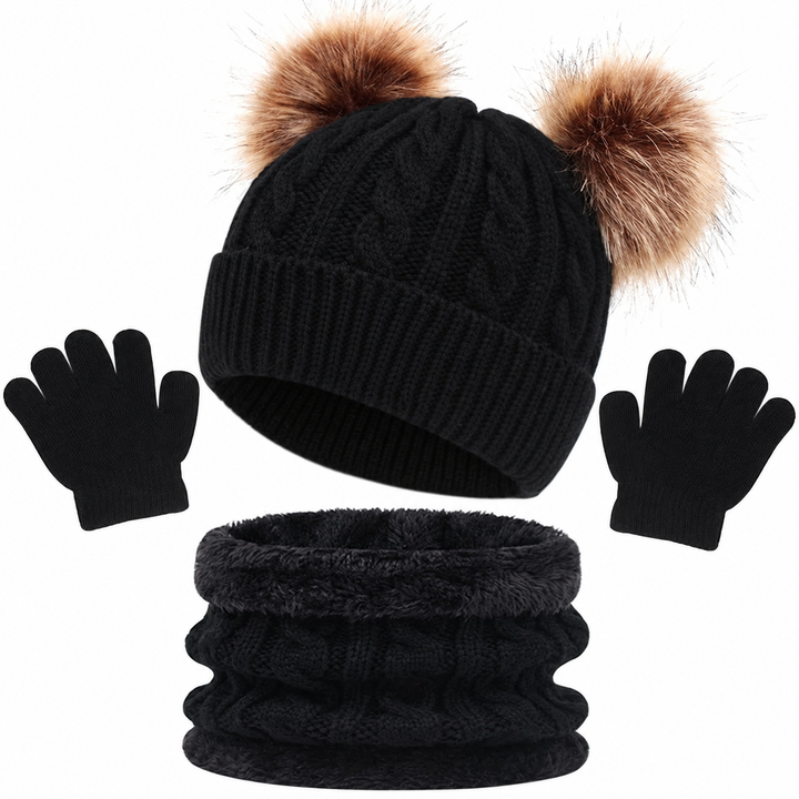 Black cable-knit winter set with a double-pom-pom hat, loop scarf, and gloves