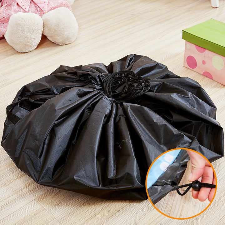 Black storage bag cinched closed, with an inset showing the drawstring being pulled.