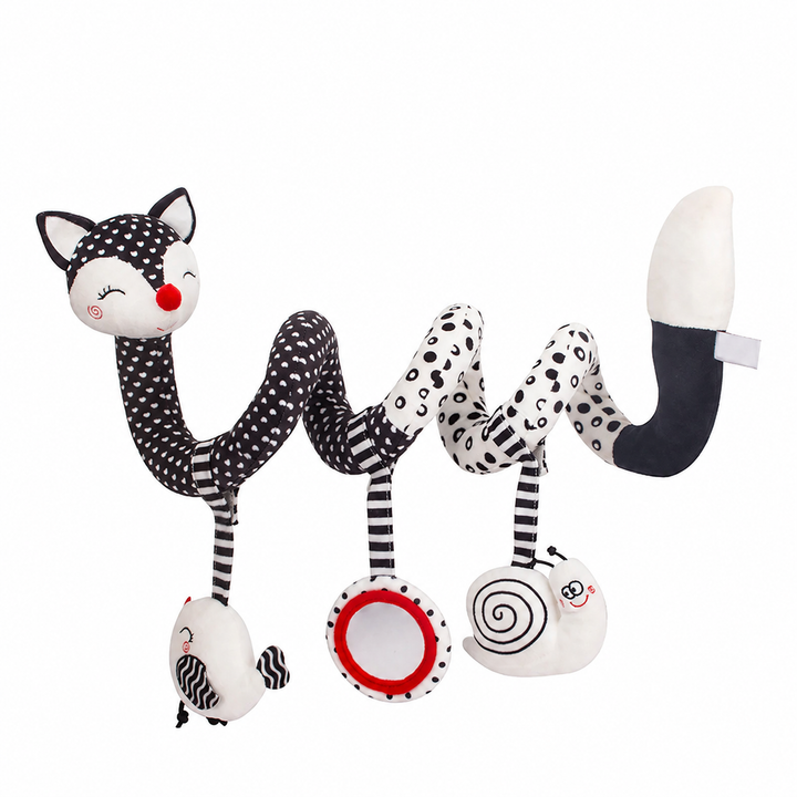 Black-eared fox spiral activity toy with patterned coils and three hanging toys.