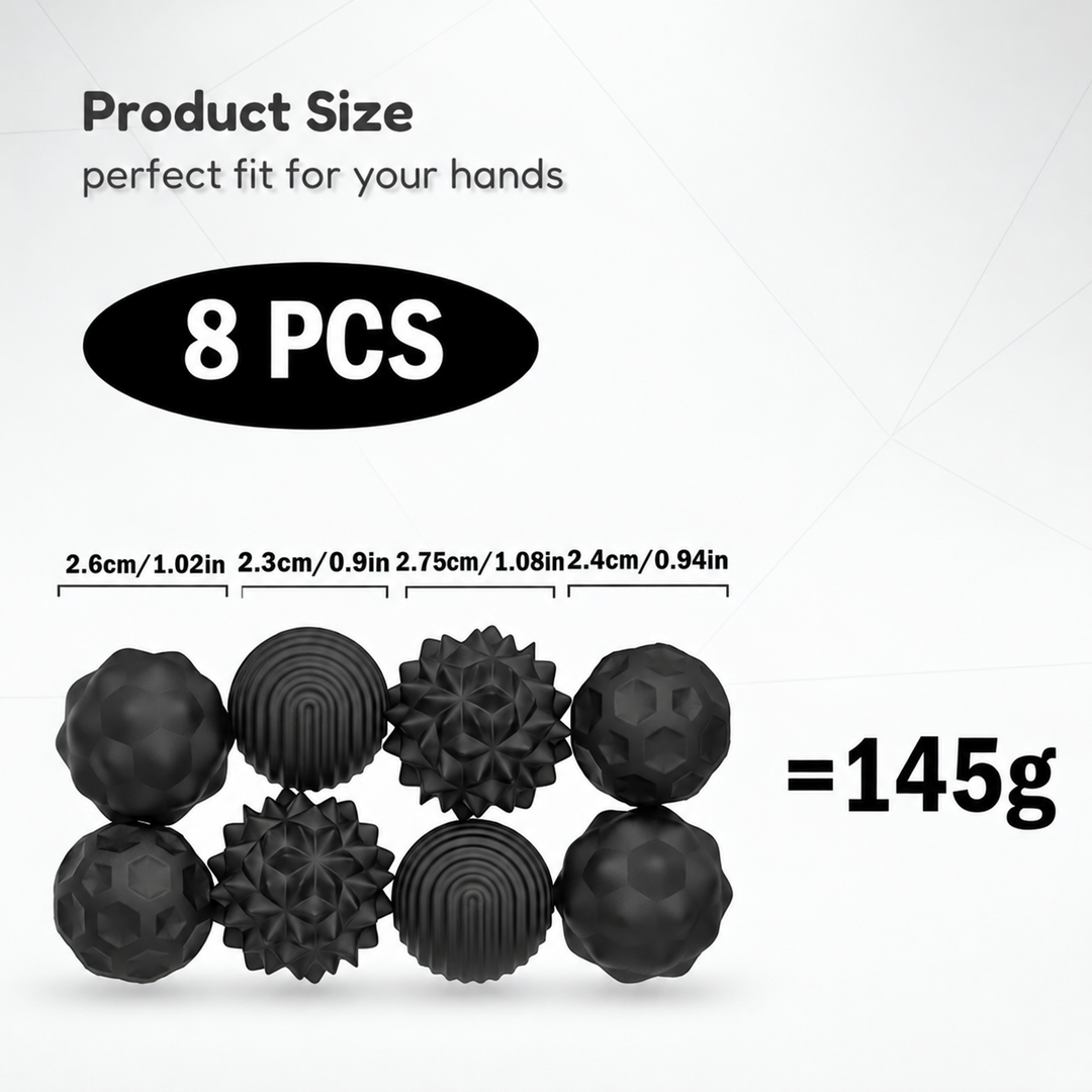 Eight black magnetic silicone balls in four textures, with diameter measurements and a 145 g set weight
