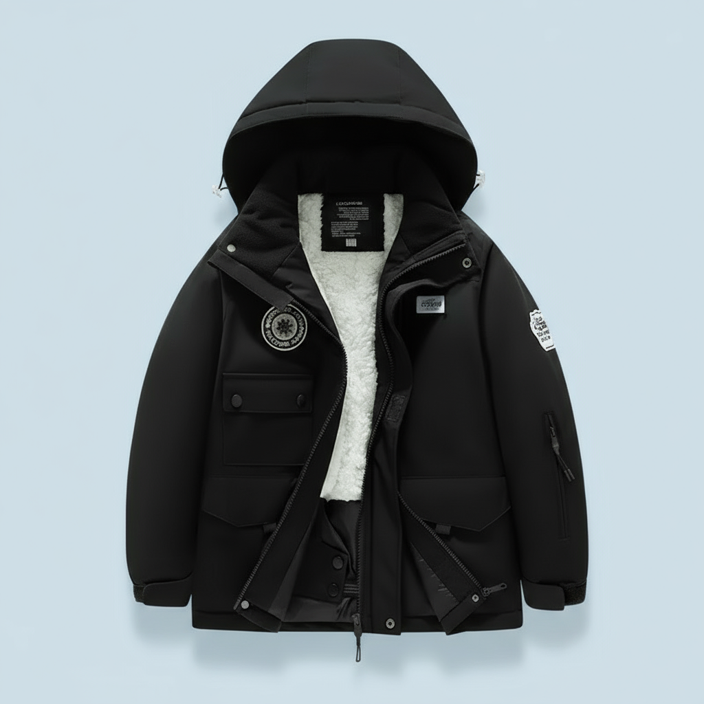 Black hooded ski jacket with white fleece lining visible