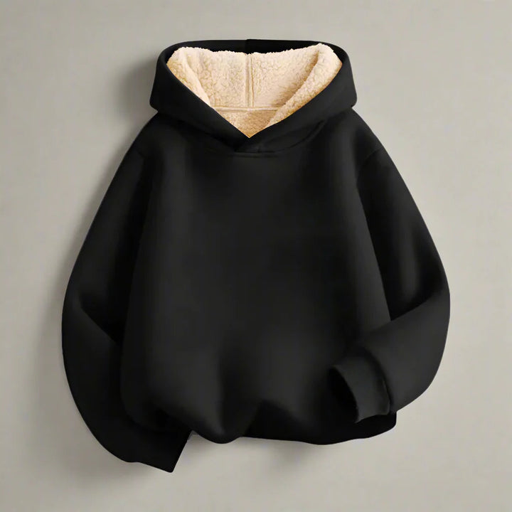 Front view of a black pullover hoodie with cream fleece hood lining and ribbed cuffs