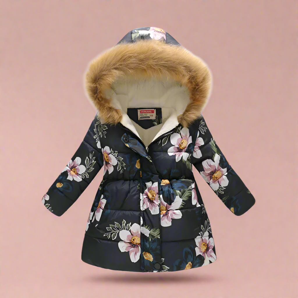 Black floral-print quilted winter coat with a fluffy-trimmed hood, shown from the front