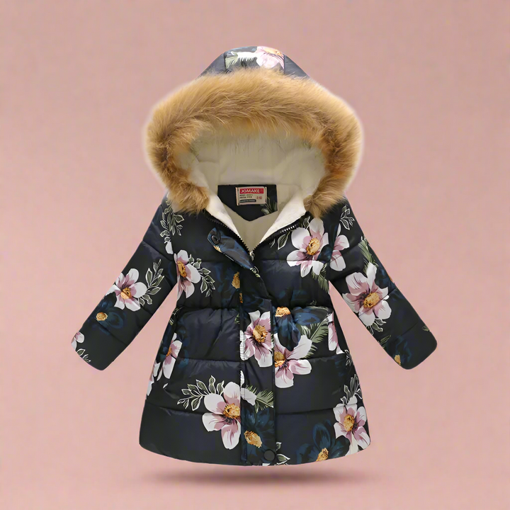 Black floral-print quilted winter coat with a fluffy-trimmed hood, shown from the front