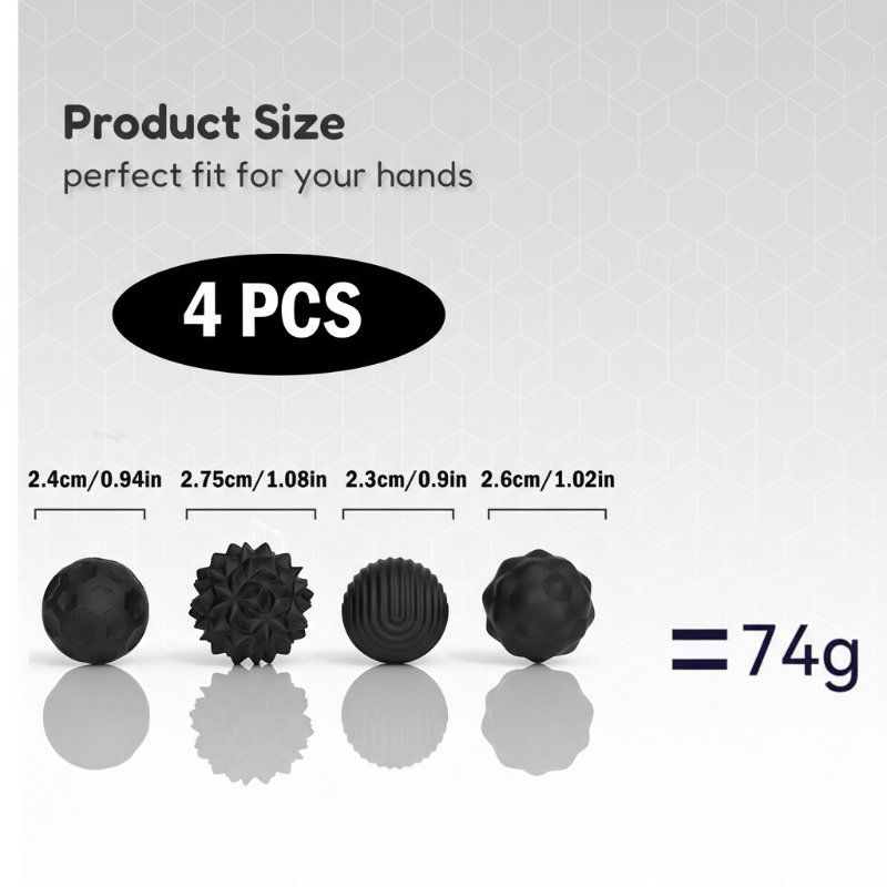 Four black textured magnetic silicone balls with diameter measurements and a 74 g set weight