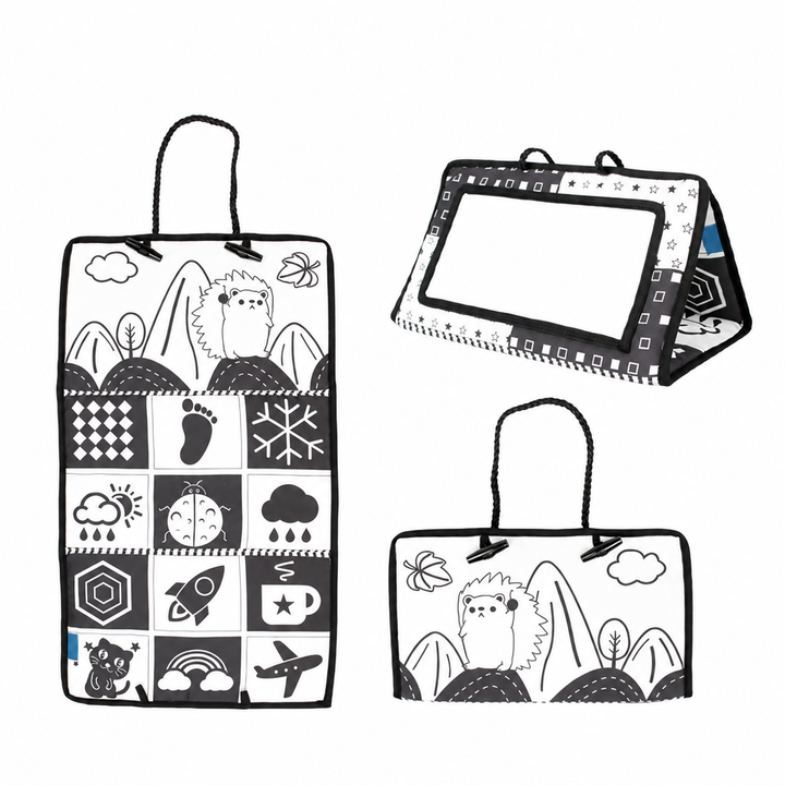 Black-framed sensory mirror with monochrome nature illustrations