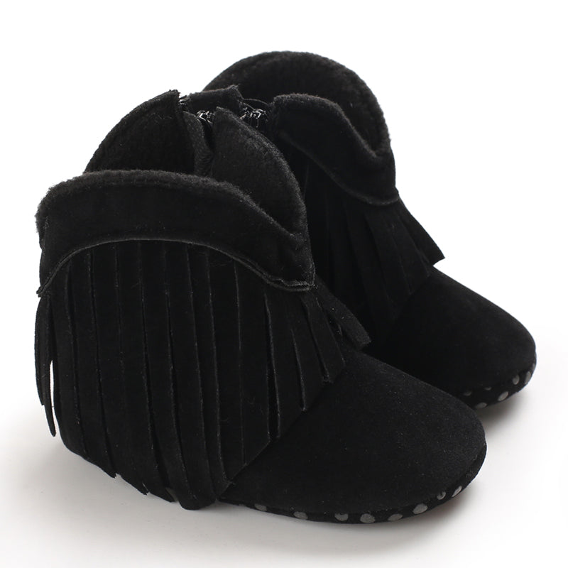 Black fringe baby cowboy boots with rounded toes