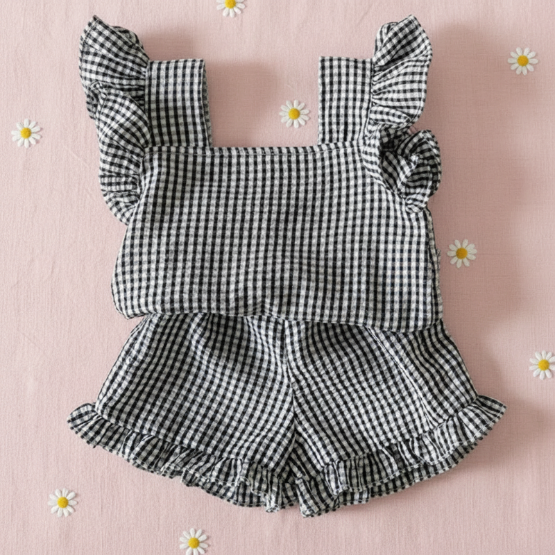 Black gingham ruffle top and matching bloomers on a pink daisy-print background