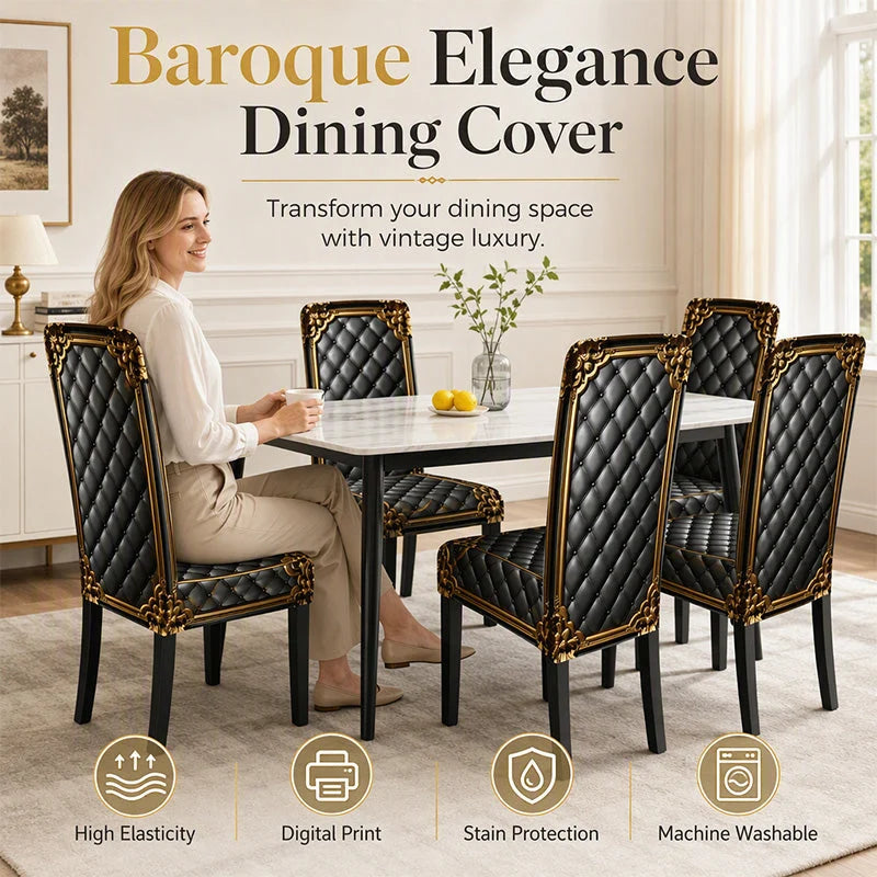 Black Gold Baroque Stretch Dining Chair Cover Product Image 02