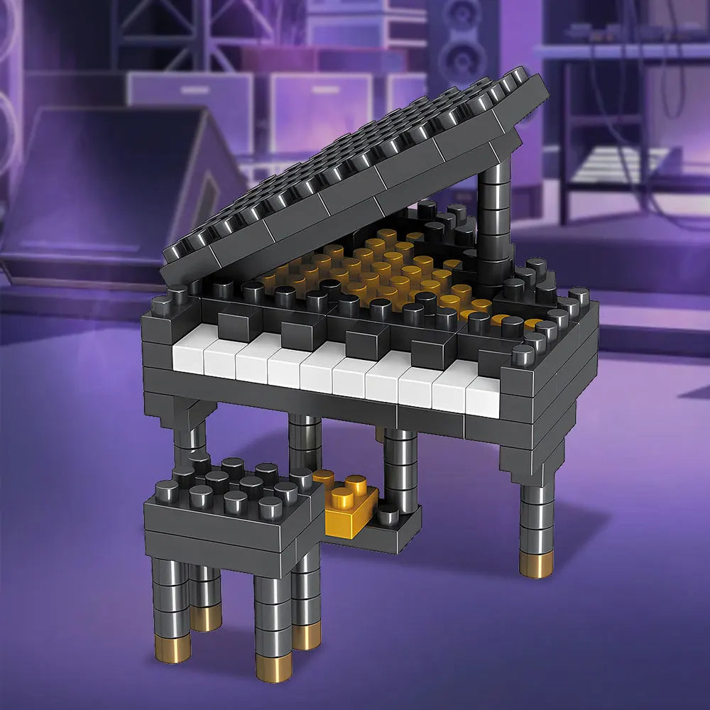 Black grand piano block model with an open lid and matching stool